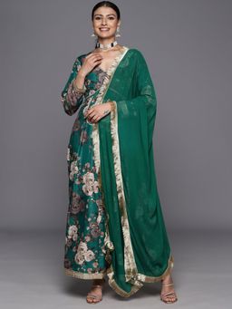 Varanga - Green Cotton Floral and Lace Work Anarkali Kurta with Dupatta (Set of 2)