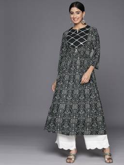 Varanga - Women Workwear Black Cotton Bandhani Printed Anarkali Kurta