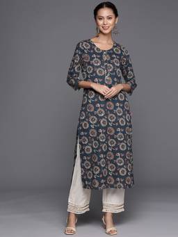 Varanga - Women Workwear Teal Cotton Floral And Gota Work Kurta