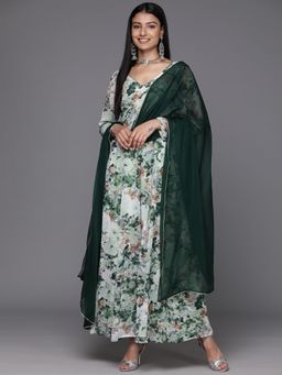 Varanga - Green Georgette Floral and Gota Work Anarkali Kurta with Dupatta (Set of 2)