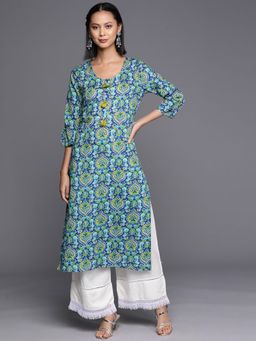 Varanga - Women Workwear Blue Cotton Floral And Sequined Kurta