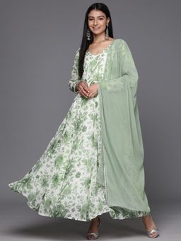 Varanga - White Georgette Floral and Gota Work Anarkali Kurta with Dupatta (Set of 2)