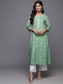Varanga - Women Workwear Green Cotton Floral And Thread Work Kurta