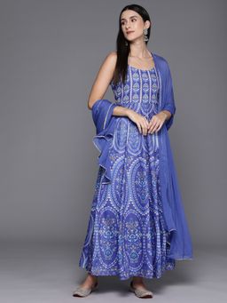 Varanga - Women Pakistani Blue Cotton Floral Printed Anarkali Kurta With Dupatta (Set Of 2)
