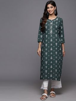 Varanga - Women Workwear Green Cotton Floral And Thread Work Kurta