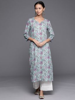 Varanga - Women Workwear Blue Cotton Floral Printed Kurta