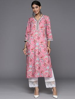 Varanga - Women Workwear Pink Cotton Floral Printed Kurta