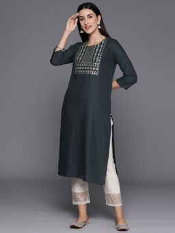 Varanga - Women Workwear Grey Viscose Embroidered And Sequined Kurta