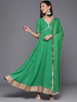 Varanga - Green Georgette Printed and Lace Work Anarkali Kurta with Dupatta (Set of 2)