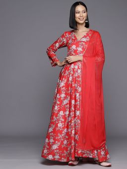 Varanga - Red Cotton Floral and Gota Work Anarkali Kurta with Dupatta
