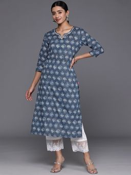 Varanga - Women Workwear Blue Cotton Floral And Thread Work Kurta