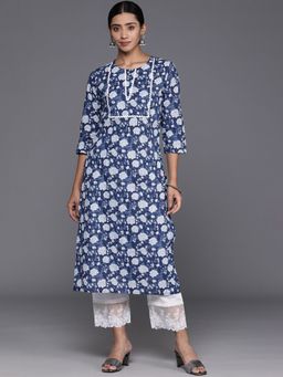 Varanga - Navy Blue Cotton Floral and Lace Work Kurta