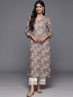 Varanga - Women Workwear Grey Cotton Floral And Gota Work Kurta