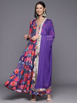 Varanga - Purple Viscose Floral and Sequined Anarkali Kurta with Dupatta (Set of 2)