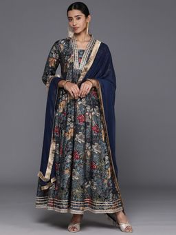 Varanga - Navy Blue Silk Floral and Lace Work Anarkali Kurta with Dupatta (Set of 2)