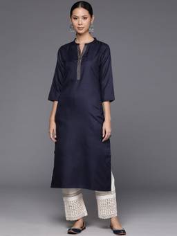 Varanga - Women Workwear Navy Blue Cotton Solid And Thread Work Kurta