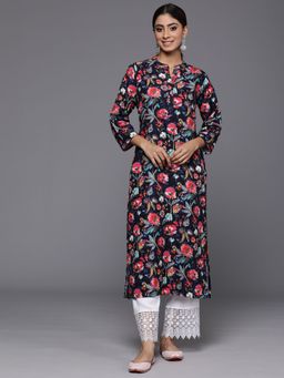 Varanga - Women Workwear Navy Blue Viscose Floral Printed Kurta