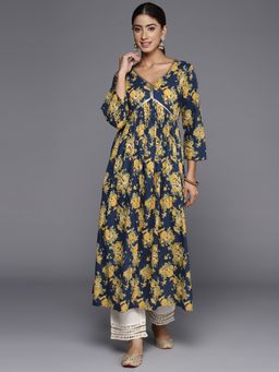 Varanga - Women Workwear Navy Blue Cotton Floral And Sequined Kurta