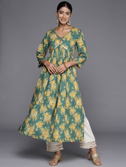 Varanga - Women Workwear Green Cotton Floral And Sequined Kurta