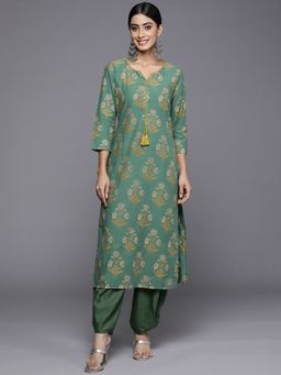 Varanga - Women Workwear Green Cotton Floral And Thread Work Kurta