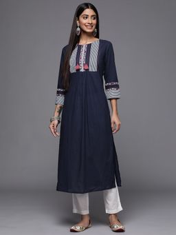 Varanga - Women Workwear Navy Blue Cotton Printed And Thread Work Kurta
