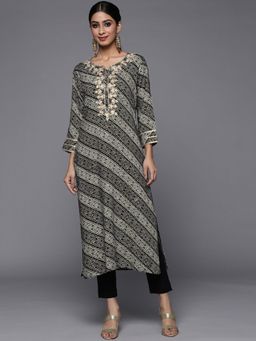 Varanga - Women Workwear Grey Viscose Embroidered And Bandhani Printed Kurta