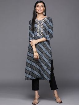 Varanga - Women Workwear Navy Blue Viscose Embroidered And Bandhani Printed Kurta