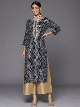 Varanga - Women Workwear Navy Blue Viscose Embroidered And Bandhani Printed Kurta