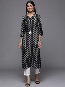 Varanga - Women Workwear Black Cotton Floral And Thread Work Kurta