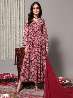 Varanga - Maroon Georgette Floral Printed Anarkali Kurta with Dupatta (Set of 2)
