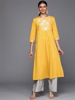 Varanga - Women Workwear Yellow Cotton Thread Work Embroidered Kurta