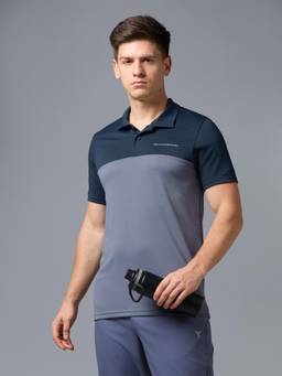Technosport - Men Grey Colorblock Relaxed Fit Polo Sports T-Shirt with Technocool+