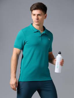 Technosport - Men Teal Solid Slim Fit Polo Sports T-Shirt with Elasto Plus