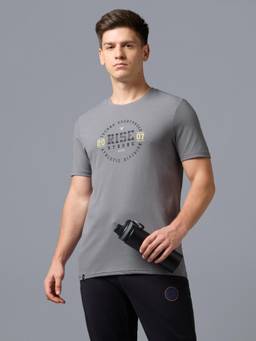 Technosport - Men Grey Printed Slim Fit Round Neck Sports T-Shirt with Cotflex