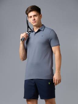 Technosport - Men Grey Solid Slim Fit Polo Sports T-Shirt with Cotflex