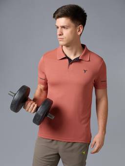 Technosport - Men Peach Solid Slim Fit Polo Sports T-Shirt with Technocool+