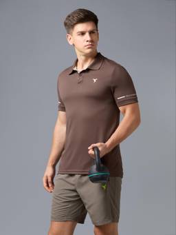 Technosport - Men Beige Solid Slim Fit Polo Sports T-Shirt with Technocool+