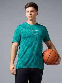 Technosport - Men Green Printed Slim Fit Round Neck Sports T-Shirt with Technocool+