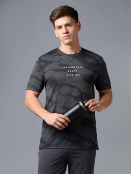 Technosport - Men Grey Printed Slim Fit Round Neck Sports T-Shirt with Technocool+