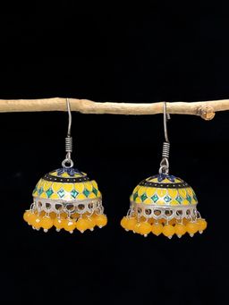OOMPH - Oxidised Silver Tone Yellow Meenakari Ethnic Jhumka Earrings