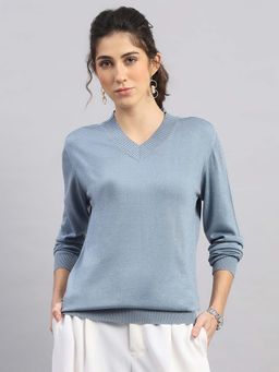 Monte Carlo - Women Blue Viscose Blend V-Neck Top