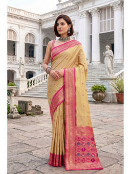 Monjolika Fashion - Beige Soft Patola Style Silk Saree with Unstitched Blouse
