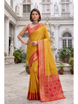 Monjolika Fashion - Mustard Soft Patola Style Silk Saree with Unstitched Blouse