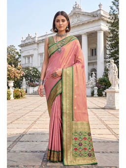 Monjolika Fashion - Pink Soft Patola Style Silk Saree with Unstitched Blouse