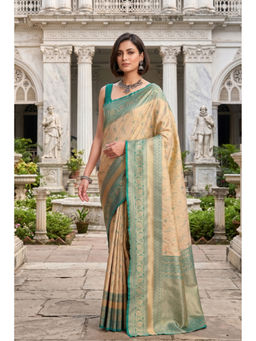 Monjolika Fashion - Beige Soft Banarasi Style Tissue Silk Saree with Unstitched Blouse