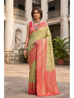 Monjolika Fashion - Green Soft Banarasi Style Tissue Silk Saree with Unstitched Blouse