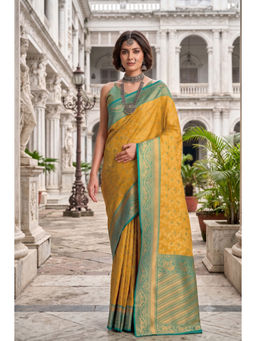 Monjolika Fashion - Mustard Yellow Soft Banarasi Style Tissue Silk Saree with Unstitched Blouse