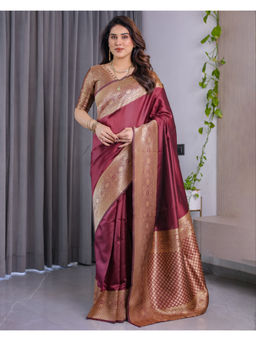 Tankori - Maroon Banarasi Soft Silk Brocade Heavy Saree with Unstitched Blouse