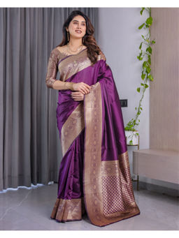 Tankori - Purple Banarasi Soft Silk Floral Brocade Saree with Unstitched Blouse