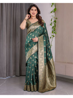 Tankori - Green Banarasi Soft Silk Golden Zari Brocade Saree with Unstitched Blouse